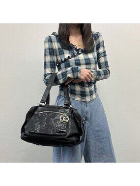 Chanel CC Logo Shoulder Bag Tote Black Leather 11 Vintage
